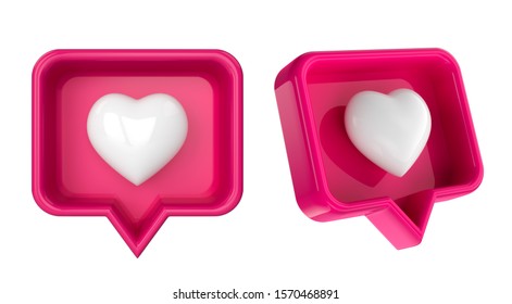 Set Like heart icon on a red pin isolated on white background. Neon Like symbol. 3d render