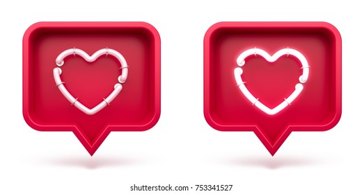 Set Like heart icon on a red pin isolated on white background. Neon Like symbol. 3d render

