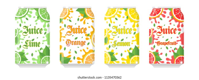 Set of Lime Orange Lemon Grapefruit Juice Soda can Flat Drink Icon Splash Background Illustration