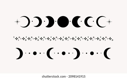 Set Of Line Art Mystical Esoteric Black Crescent Moon And Stars Dividers. Celestial Mystic Boho Style Astrology Border, Witchcraft Symbol. 