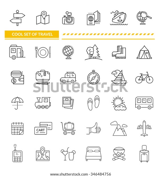 Set of line icon concept travel. Transportation\
and holiday, trip and plane, train and location, car and airplane,\
bus and ship, luggage and vacation, journey and camera, globe map.\
Raster version