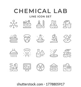 Set line icons of chemical lab isolated on white. Burner, flask, scientific experiment, microscope, radioactivity symbol, digital scales, electrolysis, laboratory specialist