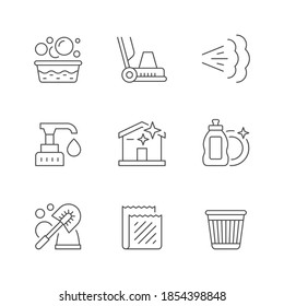 Set Line Icons Of Cleaning Isolated On White. Washing, Floor Cleaning Machine, Steam, Dispenser, Dishes Cleaning, Toilet Brush, Rug Or Towel, Trash Bucket