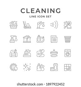 Set Line Icons Of Cleaning Isolated On White. Washing, Mop, Floor Cleaning Machine, Steam, Dispenser, Broom, Dishes Cleaning, Antibacterial, Rug Or Towel, Trash Bucket