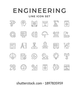 Set line icons of engineering isolated on white. Caliper, engineer, calculating, robotic industry, 3d design, blueprint, cogwheel, circuit board, drawing compass, spanner