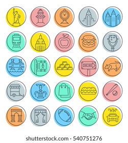 Set  line icons in flat design New York and USA with elements for mobile concepts and web apps. Collection modern infographic logo and pictogram. Raster version.