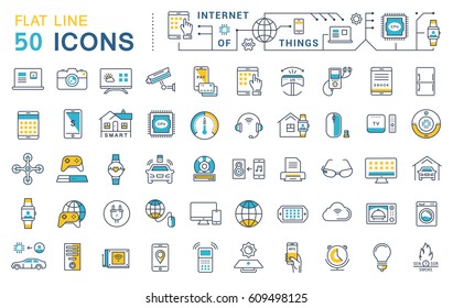 Set  line icons in flat design internet of things and smart gadgets with elements for mobile concepts and web apps. Collection modern infographic logo and pictogram. Raster version.