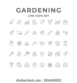 Set Line Icons Of Gardening Isolated On White. Seedling, Greenhouse, Lawn Mower, Grass, Wheelbarrow, Rake, Fertilizer Sack, Garden Scissors, Sprinkler, Hand Saw, Sprayer Gun, Tree