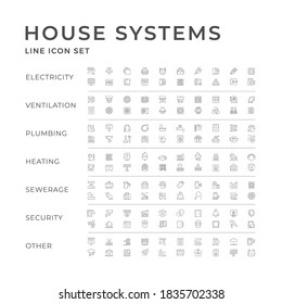 Set line icons of house systems isolated on white. Electricity, ventilation, plumbing, heating, sewerage, security. Smart home - Powered by Shutterstock