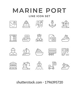 Set Line Icons Of Marine Port Isolated On White. Cruise Boat, Tugboat, Cargo Ship, Vessel Captain, Crane, Buoy, Loader, Anchor, Yacht, Worker, Sea Or Ocean Route, Warehouse