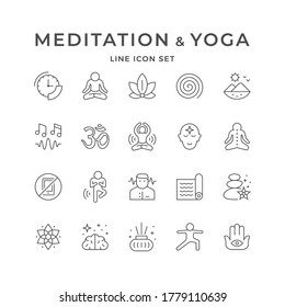 Set Line Icons Of Meditation And Yoga Isolated On White. Lotus Position, Zen, Mind Concentration, Outdoor, Aroma Sticks, Spa, Sound Or Music, Mat For Exercise, Wellness