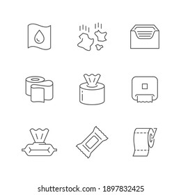 Set Line Icons Of Napkins And Toilet Paper Isolated On White. Used Pieces, Container For Towel