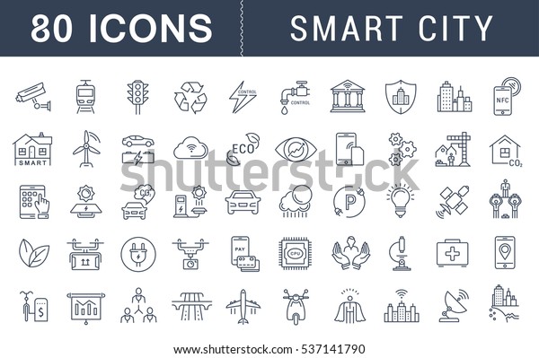 Set  line icons with\
open path smart sity and technology with elements for mobile\
concepts and web apps. Collection modern infographic logo and\
pictogram. Raster\
version.
