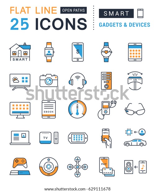 Set  line icons with open path smart device and\
gadgets, smart, home, car drones and other device with elements for\
mobile concepts and web apps. Collection modern infographic logo.\
Raster version.