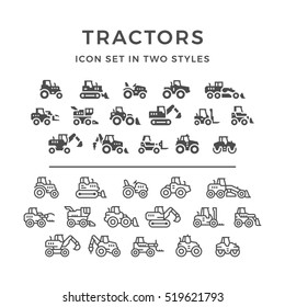 Set line icons of tractors, farm and buildings machines, construction vehicles in two styles isolated on white