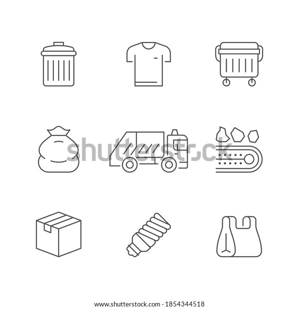 Set line icons of trash isolated on white. Garbage\
sorting, service truck, clothes, waste bin, lamp, cardboard box,\
plastic bag