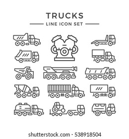 Set line icons of trucks isolated on white