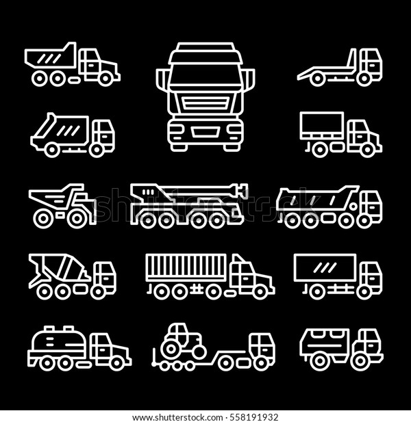 Set line icons of\
trucks isolated on\
black