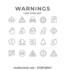Set line icons of warnings isolated on white. Attention symbol, bell, stop sign, skull and cross bones, financial risk, website warning