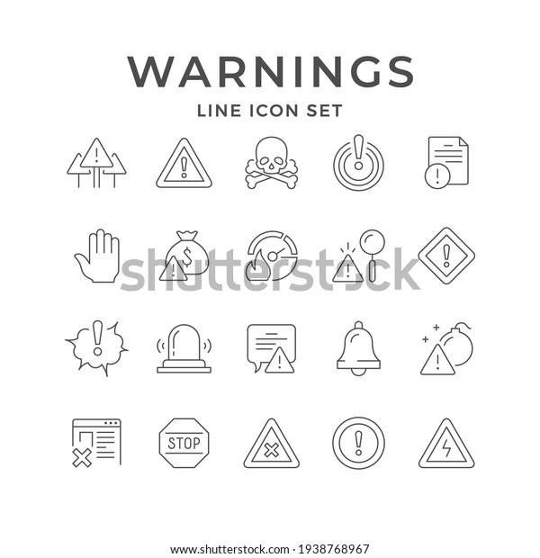 Set line icons of warnings isolated on white.\
Attention symbol, bell, stop sign, skull and cross bones, financial\
risk, website\
warning