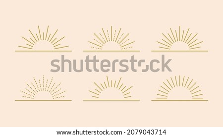 set of linear boho geometric sun shines, sun logo design templates, abstract shining suns, retro style, golden color.