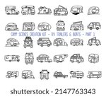 Set of linear icons of camper trailers