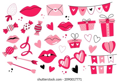 Set of love elements for Valentine's Day isolated on white. Hearts, arrows, pink glasses, love letter, lips, candy. Anniversary of dating, romance. 