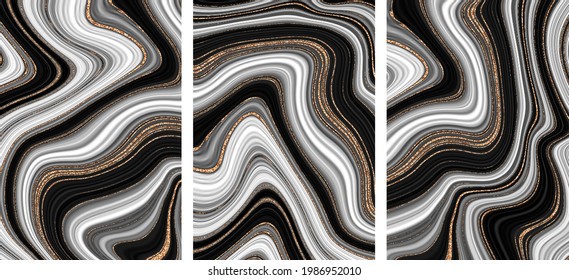 Set of Luxury wall art liquid black, white, golden marble texture. illustration abstract agate fluid pattern. Hand drawn ink paint background. Elegant gold lines, veins. Imitation of marble stone cut