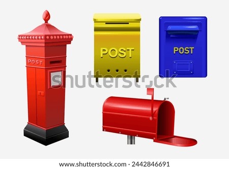 Set of mailboxes from different countries of the world on a white background. Realistic illustration