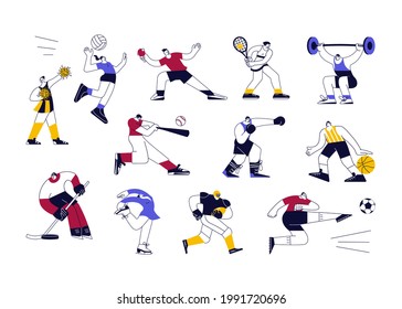 Set of male and female athletes. Team and Individual Sports characters isolated on white in modern outline minimalistic design. Flat Art Rastered Copy Illustration.