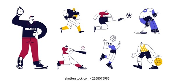 Set of male and female athletes. Team and Individual Sports characters isolated on white in modern minimal design. Flat Art  Illustration.