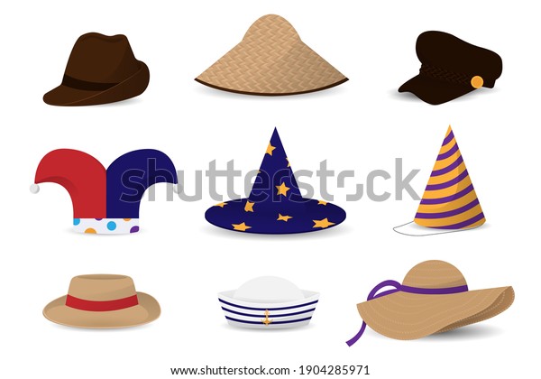 Set of male and female hats. Images of hats\
isolated on white background. Cap and hat, trendy headdress for\
gentleman or woman. Fashion\
theme