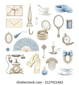 Set With Many Female Varied White And Blue Antique Things Isolated On White Background. Watercolor Hand Drawn Illustration Sketch