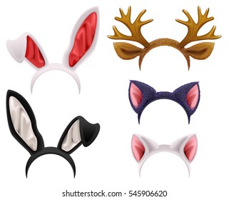 Set Mask Cat, Rabbit, Deer Antler And Ears. Isolated On White Illustration