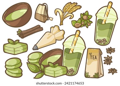 Set of matcha cake with wheat, hazelnuts, bubble tea, tea, pastry bag, cinnamon, macarons, star anise -  Illustration for kids books, recipes,  gift card - dessert and cake, restaurant - Powered by Shutterstock