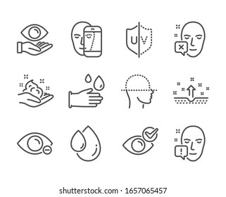 Set Of Medical Icons, Such As Health Eye, Face Declined, Rubber Gloves, Oil Drop, Clean Skin, Myopia, Skin Care, Face Attention, Uv Protection, Check Eye Line Icons. Health Eye Icon.