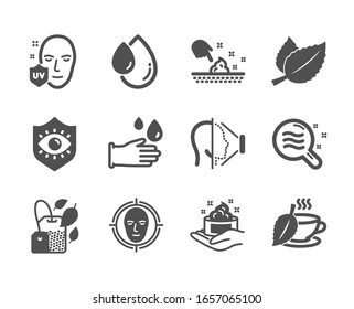 Set Of Medical Icons, Such As Mint Bag, Skin Moisture, Oil Drop, Uv Protection, Mint Tea, Rubber Gloves, Skin Condition, Face Id, Eye Protection, Face Detect Classic Icons. Mint Bag Icon.