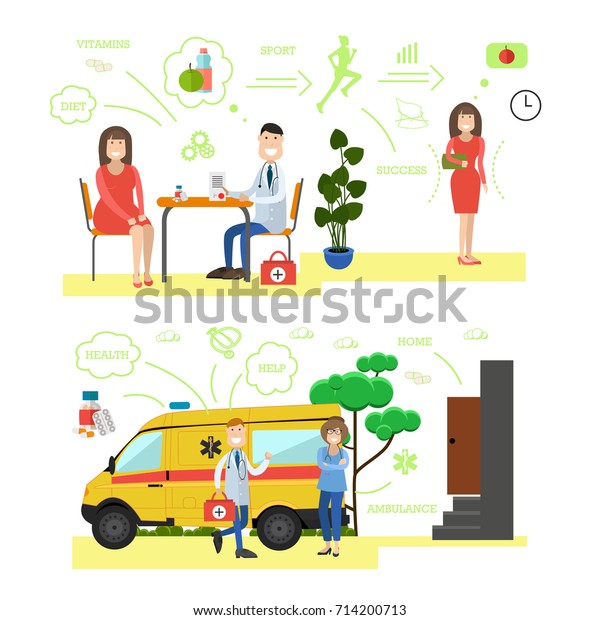 Set of medical staff providing health care to\
patients. Dietician providing dietary consultation, ambulance or\
paramedic services flat style design elements, icons isolated on\
white background