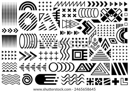 Set of Memphis design elements in black color, Memphis geometric simple isolated graphic elements collection for your design projects. isolated triangles, waves, dots, squares on white background.