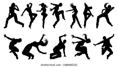 A Set Of Men And Women Street Dance Hip Hop Dancers In Silhouette