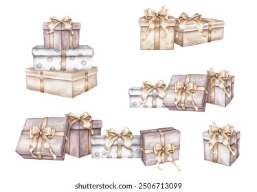 Set of Merry New Year and birthday pastel color and white with polka dots gift boxes with bows. Watercolor hand drawing illustration on isolated background.Set of stack gifts for design holidays - Powered by Shutterstock