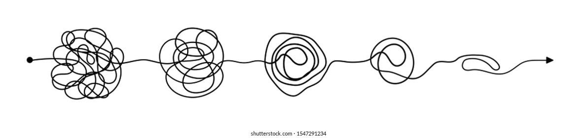 Set of messy clew symbols connected between them line of symbols with scribbled round element, concept of transition from complicated to simple, isolated on white background.