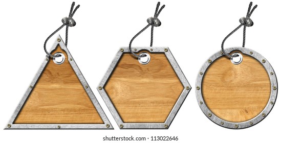 Set of Metal and Wood Tags - 3 Items / Three wooden and metallic empty tags with steel cable - Shutterstock ID 113022646