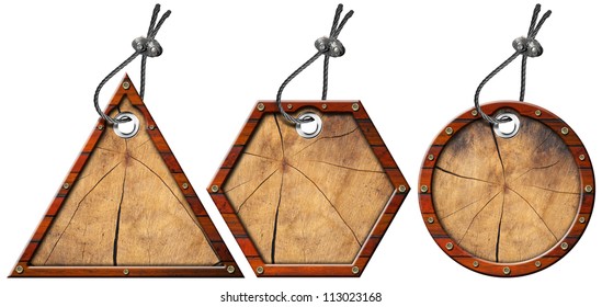 Set of Metal and Wood Tags - 3 Items / Three wooden and metallic empty tags with steel cable - Shutterstock ID 113023168