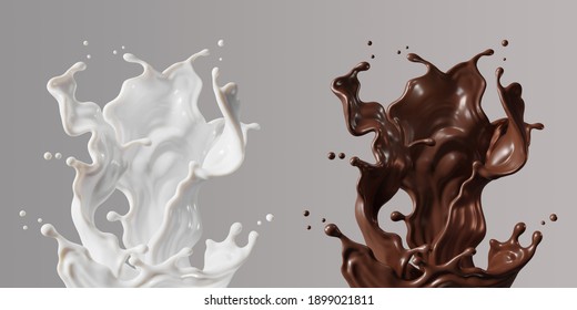 Set of Milk and chocolate splash isolated with clipping path , 3D Rendering, 3D illustration