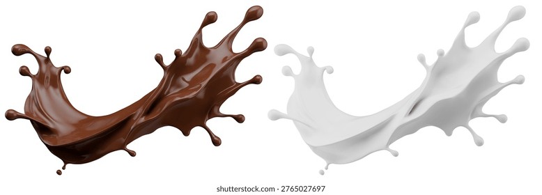 Set of milk and chocolate splashes solated on a white background. 3D render.