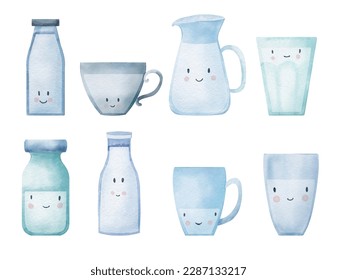 Set of milk glasses and bottles with funny faces, naive and cartoon style. World milk day card. Digital illustration. - Powered by Shutterstock