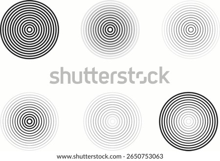 Set of minimal concentric circle designs in black and white. Modern abstract radial round line patterns for graphic design, backgrounds, optical illusion art, posters, prints and decoration.