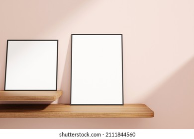 Set of minimalist and clean black poster or photo frame mockup on the wooden table leaning against the room wall