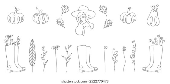 Set of minimalist line art illustrations for the fall season, featuring autumn flowers, pumpkins, boots, leaves, and a woman in a hat. Simple line drawings, minimalist design. Seasonal graphics.  - Powered by Shutterstock